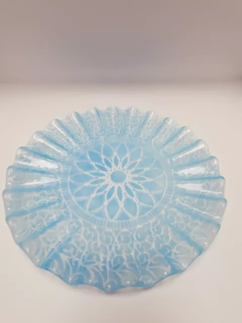 Sydenstricker Fused Art Glass Plate Ruffled Clear & Light Blue Floral Lace 11"