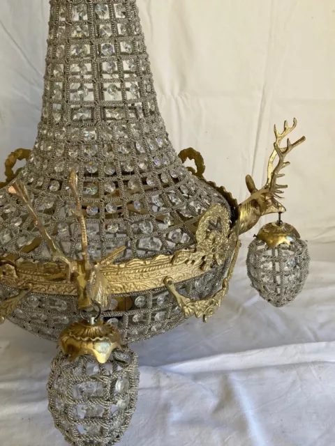 Lustre montgolfière têtes de cerf  75 cm bronze et pampilles verre 2