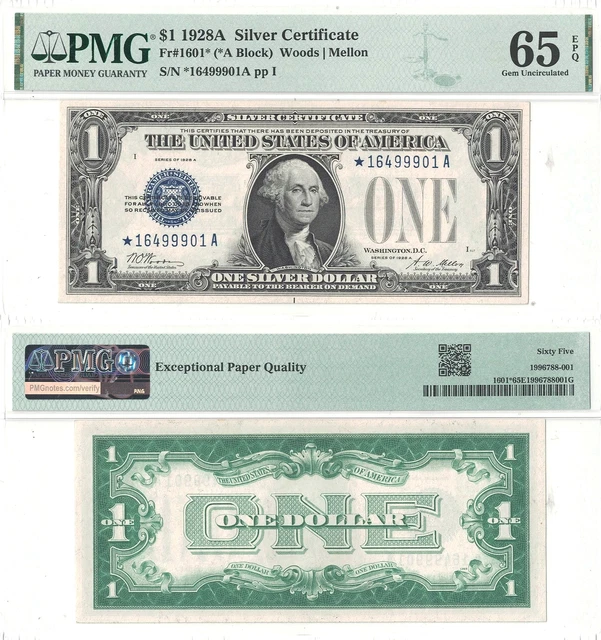 1928-A $1 Silver Certificate Star Note Fr 1601* PMG Gem Uncirculated-65 EPQ
