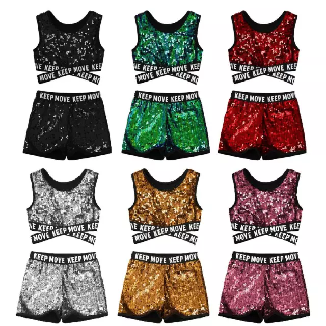Kids Girls Sequins Dance Clothes Crop Top Shorts Set Sport Dancewear Outfits