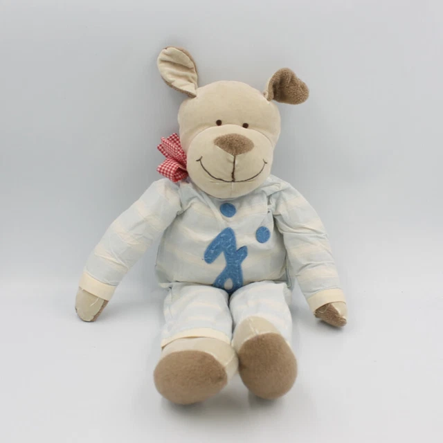 Doudou peluche chien beige marron bleu rayé JACADI - 26916