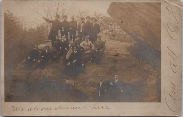 1906 POUGHKEEPSIE, New York RPPC Photo Postcard Group of Young Men at Rock Park