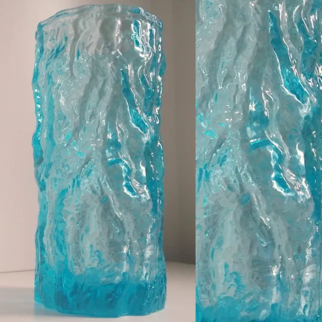 Ingrid Glashütte 1960s 70s Rock Crystal Bark Textured Glass German Vase Blue MCM