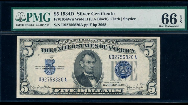 AC 1934D $5 Silver Certificate Wide II PMG 66 EPQ U-A block Fr 1654Wii !!!