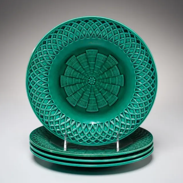 Minton Geometric Lattice Emerald Green Majolica Plate 4pc Set Antique 1860 9.25"