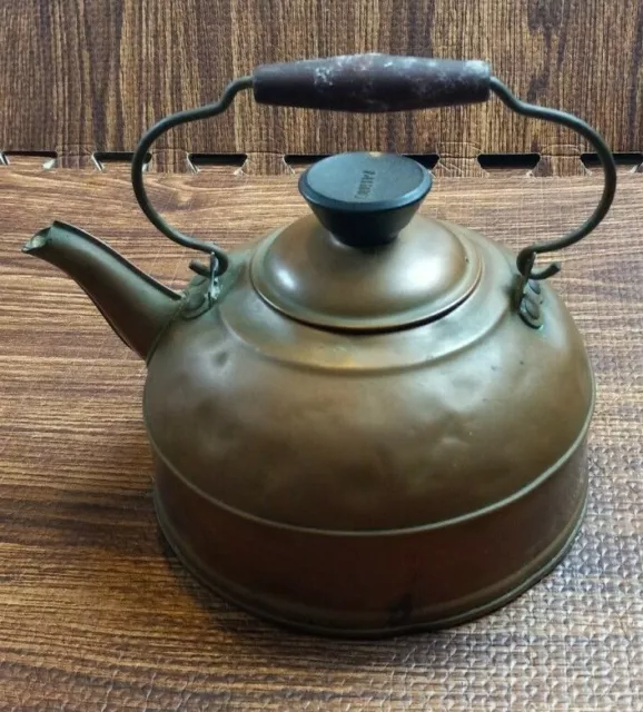 Stunning Antique Copper Plated Tea Kettle Teapot Wood Handles Brass Spout Mirro