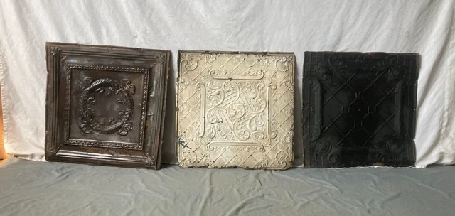 Lot of 3 Antique Tin Ceiling  2' x 2' Shabby Tile 24" SQ Chic VTG Crafts 88-23A