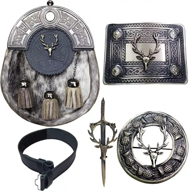 Scottish Kilt Stag Head Kilts Belt/Sporran/Buckle/Pin&Brooch 5 piece Set-TC