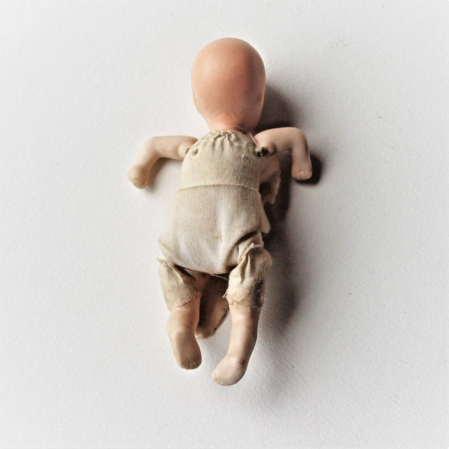 Antique Mini Bisquit Bisque Porcelain 4 1/2" Cloth Body Baby Doll 3
