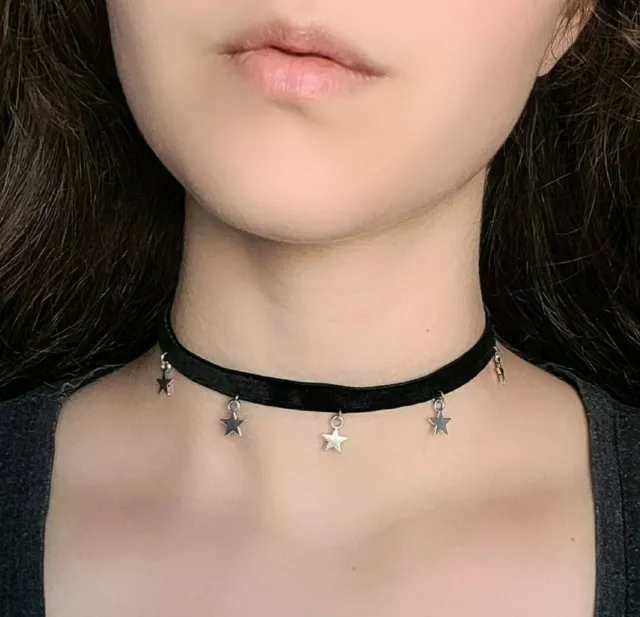 Goth Thin Black Velvet Choker Necklace Silver Tiny Star Charms Adjustable