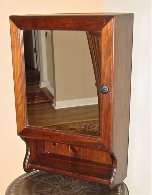 Antique Primitive Handcrafted Wood Cabinet with Door, Mirror, and 4 Shelves