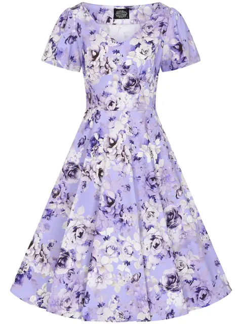 Vintage Style 1950s Retro Pin-Up Lilac Floral Print Swing Dress UK 8 - 26