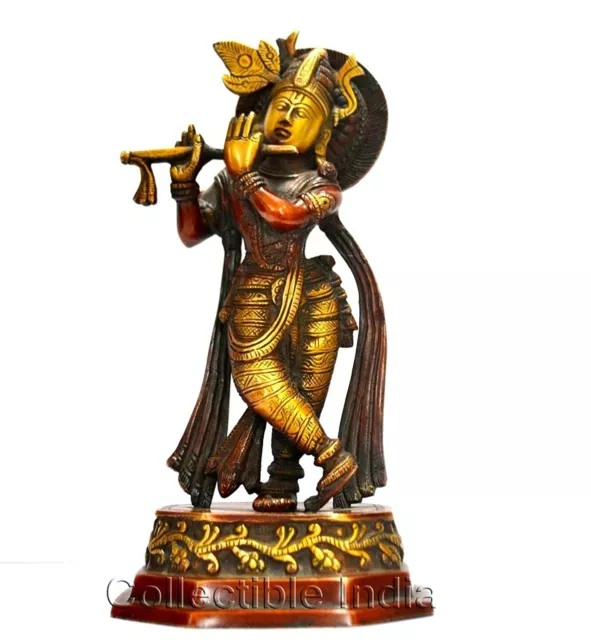 Dios Lord Krishna Estatua Tamaño Grande 25.4cm Latón Antiguo Acabado