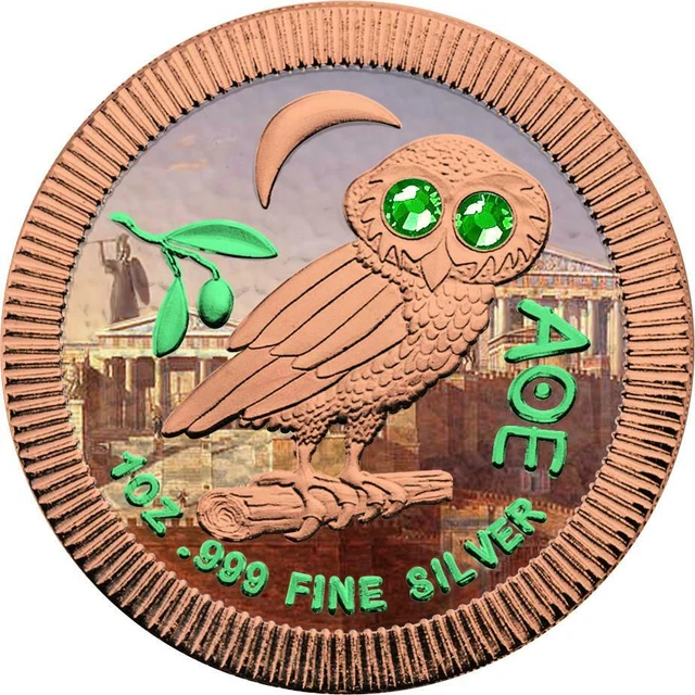 Niue 2020 2$ Athenian Owl - Athens - 1 Oz Silbermünze + Swarovski Crystal