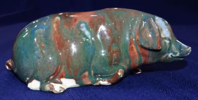 Bennington Pottery Laying Reclining Pig Coin Bank Blue Drip Glaze Antique RARE