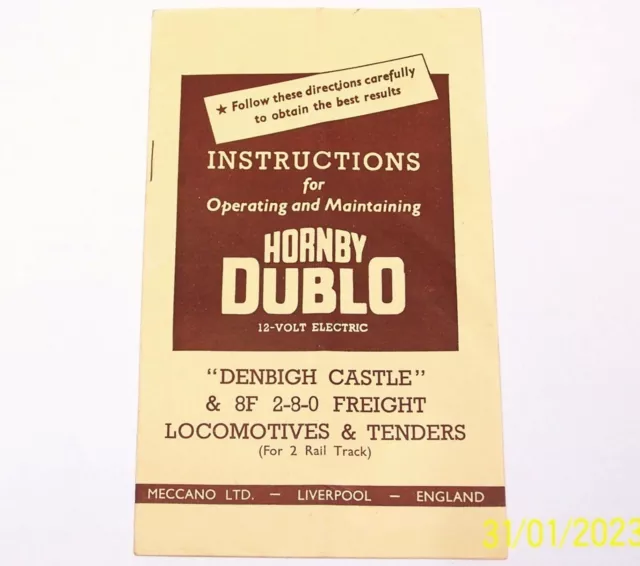 Original Hornby Dublo 2 Rail Loco Instructions 2220 Denbigh Castle-2225 2-8-0 8F
