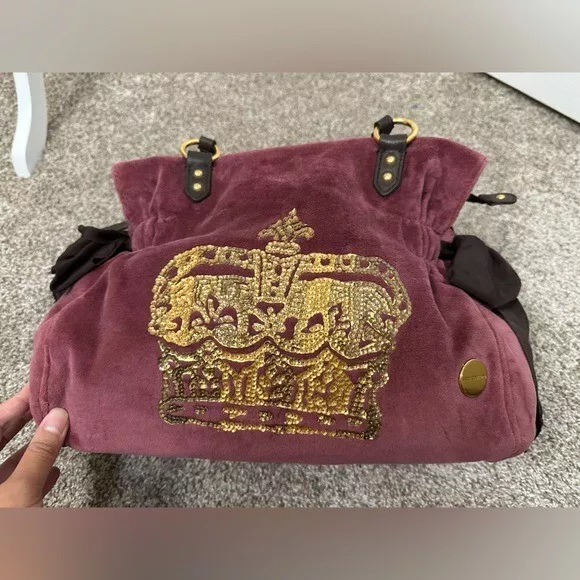 Auth Juicy Couture Velour Rainier Women’s Vintage Bag Purse Y2K Crown Rhinestone