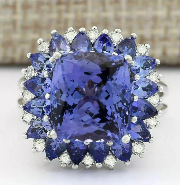 3Ct Cushion Cut Tanzanite & Diamond Halo Engagement Ring In 14K White Gold Over