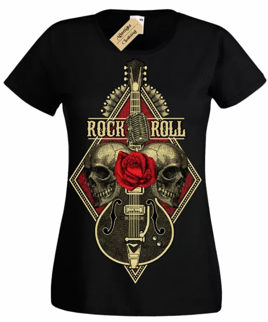 T-shirt chitarra rock n roll donna teschio metal band death heavy music chitarrista