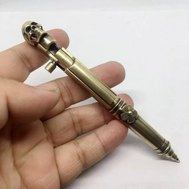 Skull Head Brass Bolt Action Ball Pen Outdoor EDC Pocket Pen Metal G2 Refill