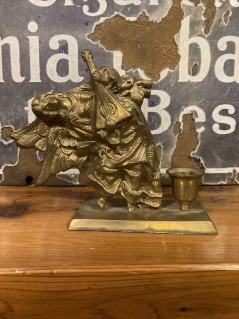 Beautiful Mid-Century Brass Angel With Lute Candle Holder, Made in India, 1960's