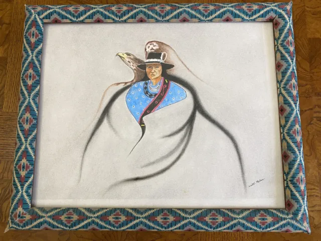 Native American Rare Artwork Eagle Drawing or Airbrush Frame Vintage Walt Reber