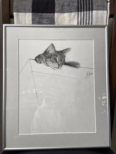 Artist  Original Charcoal - Paper Sketch Drawing 17x14.5  Cat Folk Art Realism