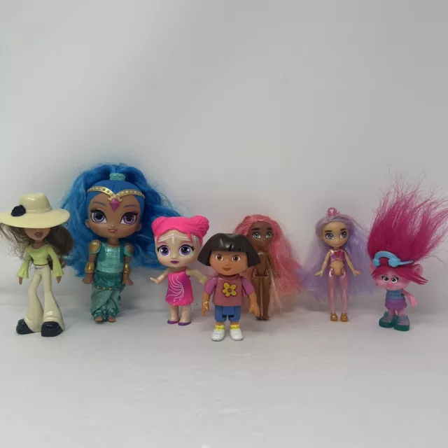 Mixed Lot  7 Mini Dolls Trolls Dora Genie Bloopies Fairies Brats Yasmin and etc.