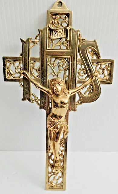 VINTAGE INRI ORNATE Gold Finish Heavy (Brass?) Holy Cross Jesus ...