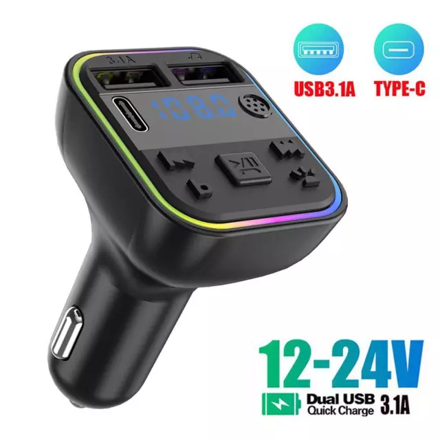Car Wireless Bluetooth FM Transmitter MP3 Player USB Charger Adapter 12V-24V~UK