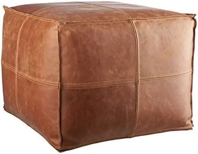 LEATHEROOZE Handmade Stuffed Leather Ottoman Pouf Seat 14*18*18 inch, Brown