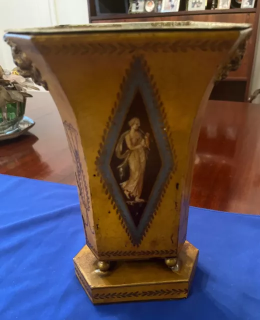 Antique Handmade 18th century French -Footed Hand Painted Toleware Vase w/Insert