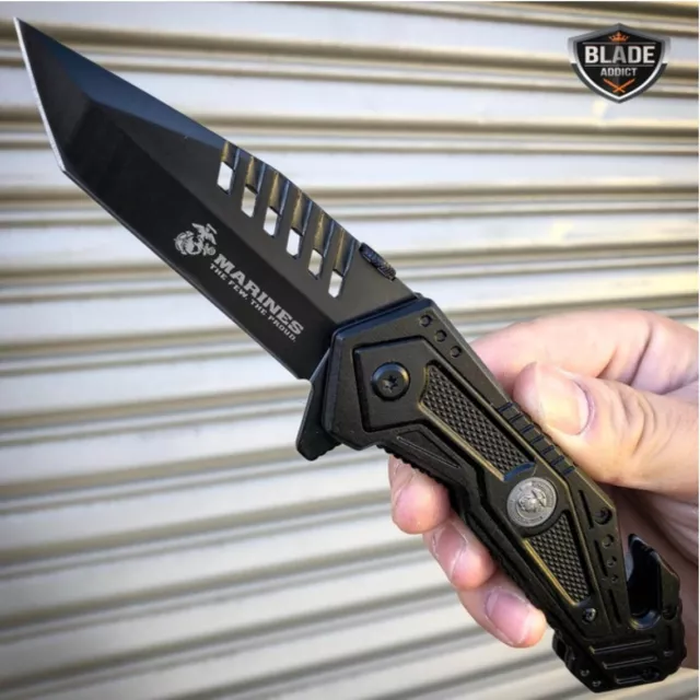 8.25" BLACK USMC MARINES TACTICAL SPRING FOLDING ASSISTED KNIFE Blade Pocket NEW