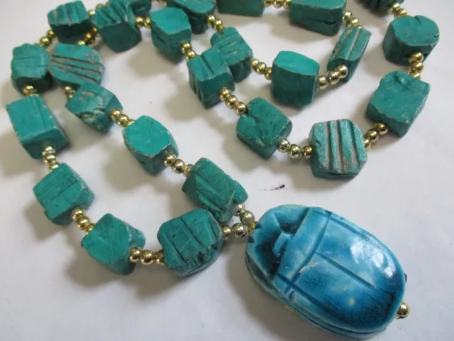 Vintage Turquoise Egyptian Revival Carved SCARAB  Stone Beaded  Pendant Necklace