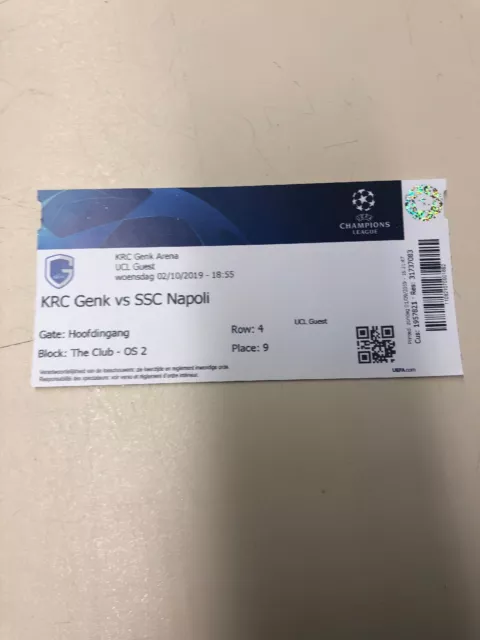 Biglietto Genk  - Napoli  Champions League 2019/2020 Perfetto , Non Piegato