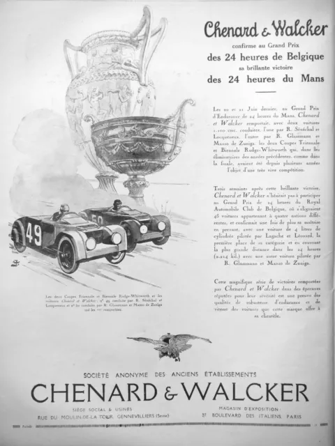 Publicité De Presse 1925 Chenard & Walcker 24 Heures Du Mans Et De Belgique