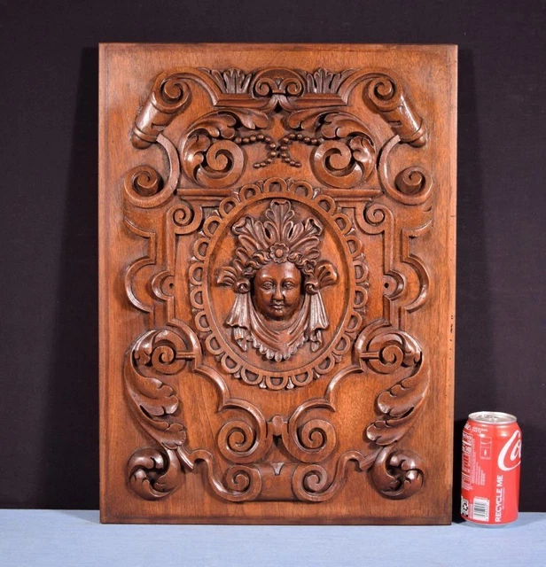 *French Antique Hand Carved Architectural Door Panel Walnut Wood with Face