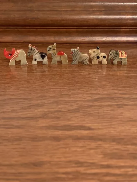 Lot of 6 Stone Animal Figurines ~ Hand Carved Painted ~ 1” ~ Made In India w Box