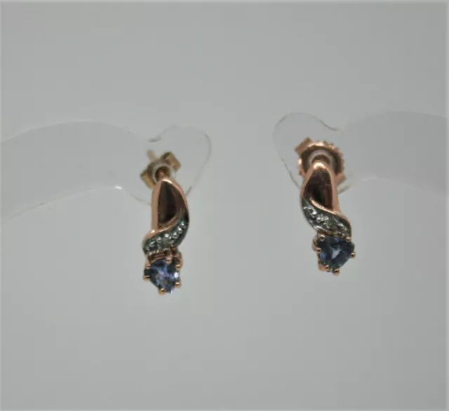 9ct Rose Gold and Tanzanite Neat Drop Earrings Diamond Accents - Thames Hospice