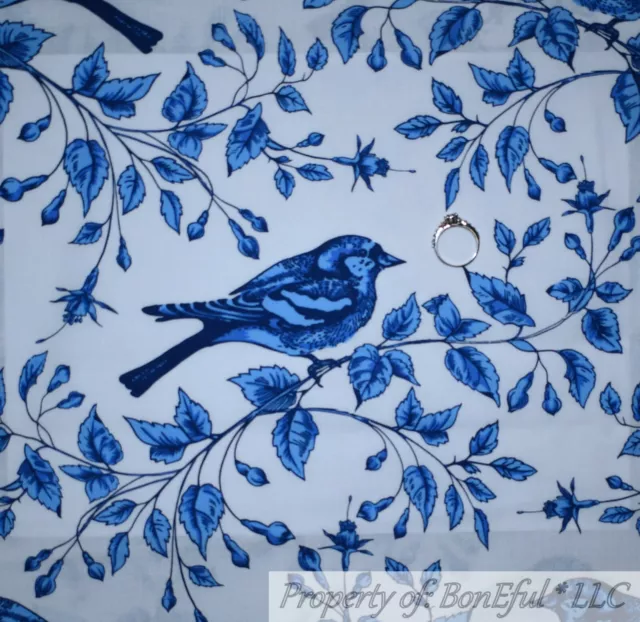 BonEful FABRIC FQ Cotton Quilt White Blue Cobalt Bird Branch Tree Leaf Flower UK