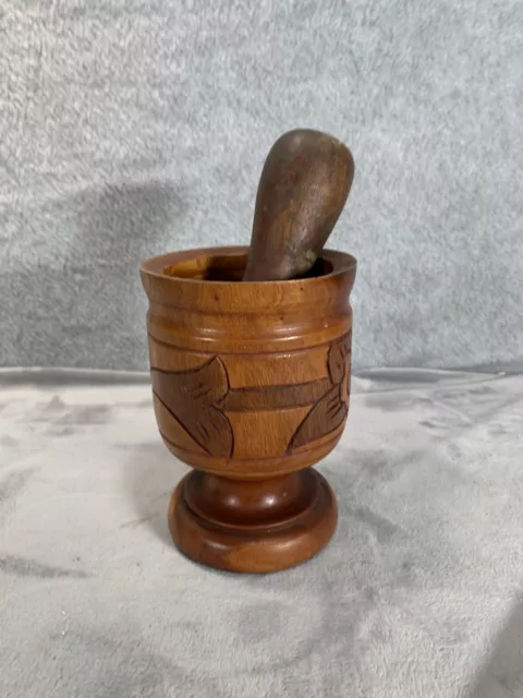 Vintage Mortal/Pestle Carved Solid Wood Bowl with Floral Design 6.5 Inches Tall
