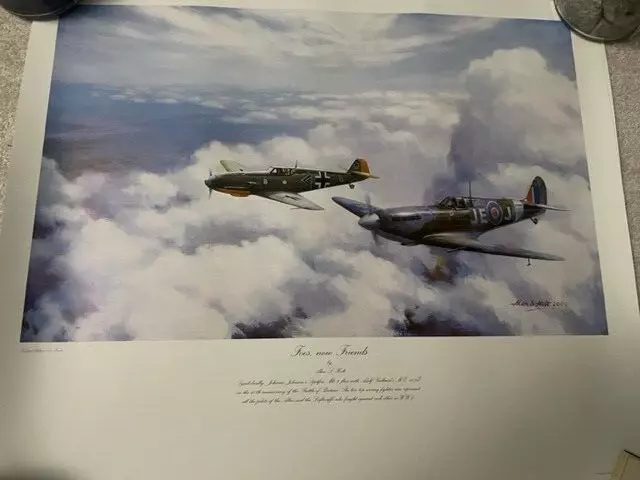 2 x BATTLE OF BRITAIN 'FOES NOW FRIENDS' PRINTS RAF SPITFIRE ACE JOHNNIE JOHNSON