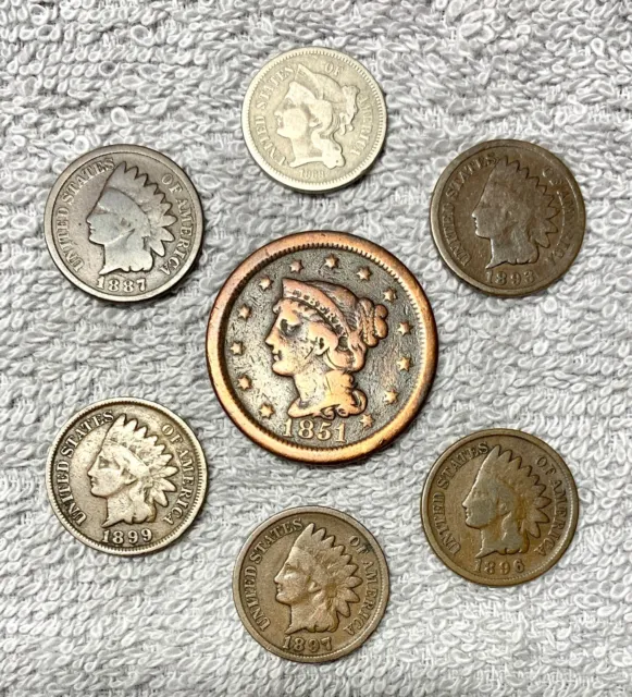 Old U.S. coins lot of 7 from 1800'S, - 1851 Large Cent + 1868 - 3 Cents Nickel +