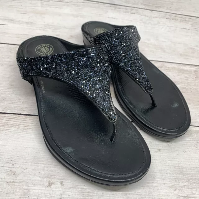Fitflop B46-090 Black Bead Thong Sandals Womens Size 9 Low Wedge