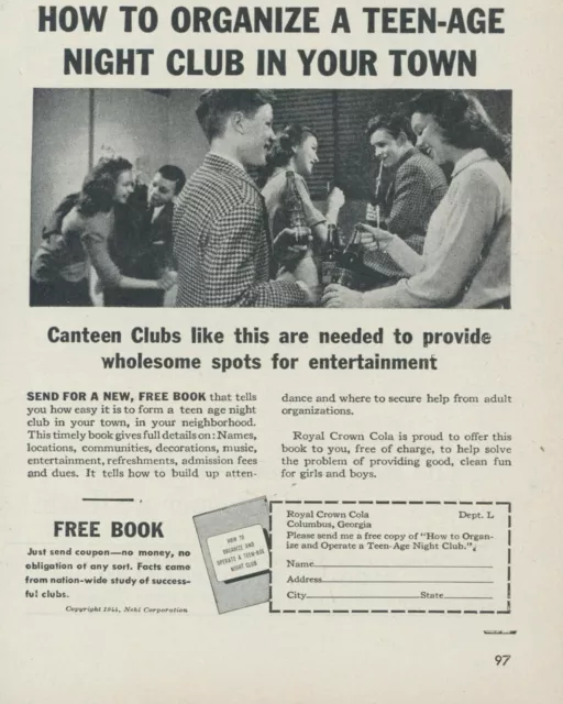 1944 Royal Crown Cola Start Teenage Night Club Canteen Book Offer Print Ad L32