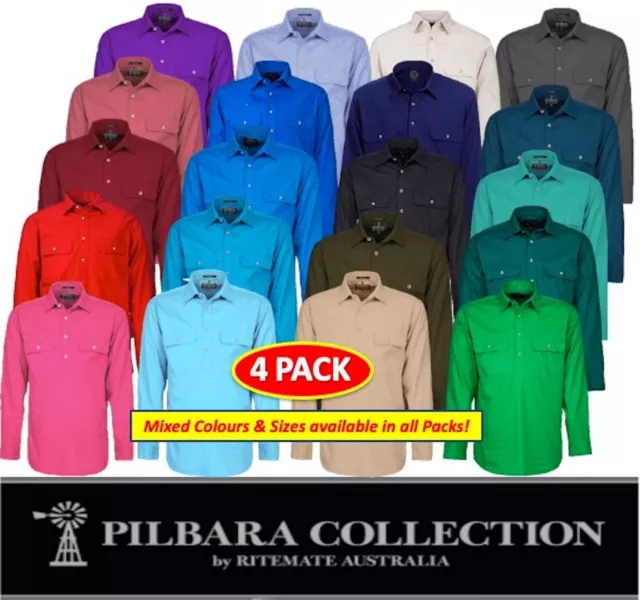 Ritemate - 4 Pack - Pilbara Closed Front Long Sleeve Mens Work Shirt - Rm200Cf