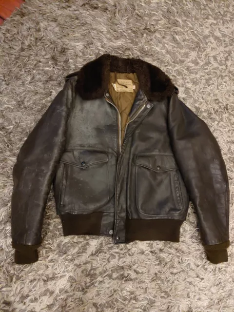 Vintage Schott Flight Jacket I-S-674-M-S Men's 38 Brown Leather With Fur Collar.