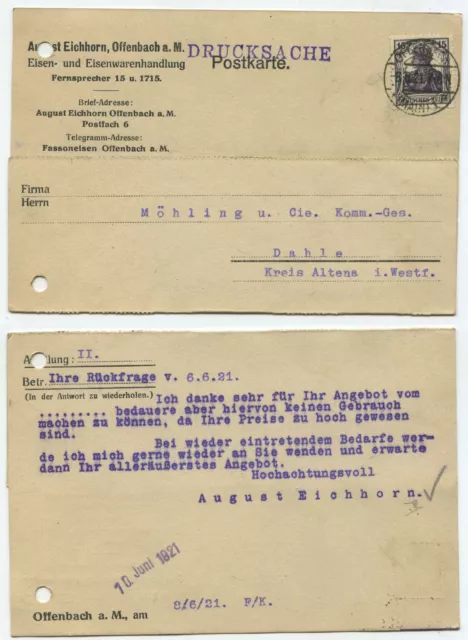 42253 - Postal - August Eichhorn Eisenwaren - Offenbach 8.6.1921