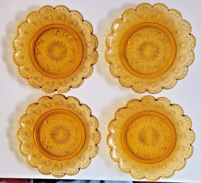 Set of 4 Brockway Glass 10" Dinner Plates American Concord Pattern Amber Color
