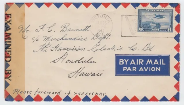 6 cent air mail rate to US HAWAII surface across PACIFIC, Canada cover